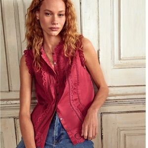 Boden Sleeveless Broderie Lace Eyelet Button-Up Blouse Top Size 14 Red Pink